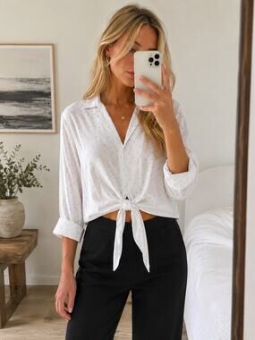 BCBGeneration White Black Satin Polka Dot Tie Front Collared Blouse L Y2K Career